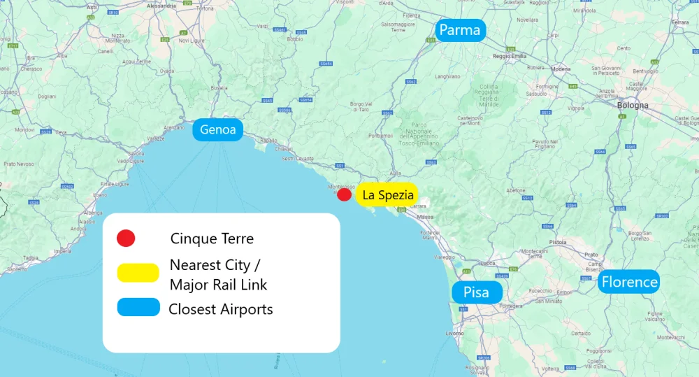 Map of Cinque Terre, La Spezia and the surrounding airports