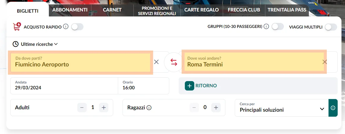 Steps for booking tickets on Trenitalia