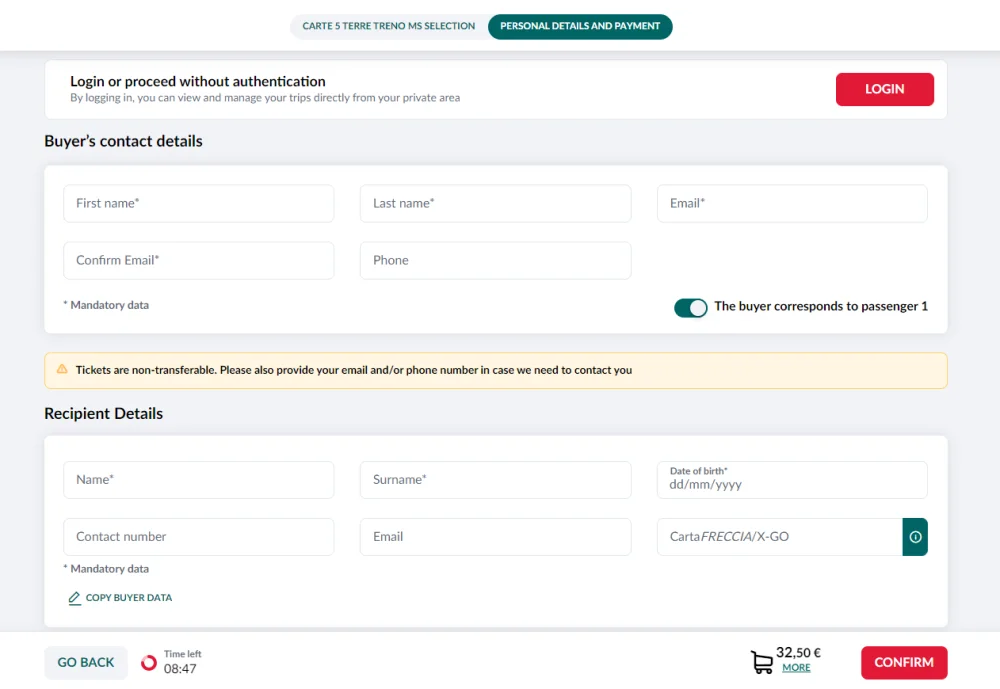 Trenitalia cinque terre card passenger information form