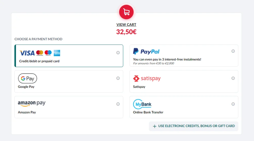 Cinque Terre Card payment options - VISA, Google Pay, Amazon Pay, Paypal, Satispay and MyBank