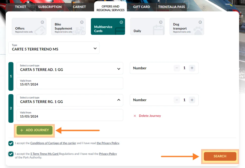 Cinque Terre Card - How to add tickets