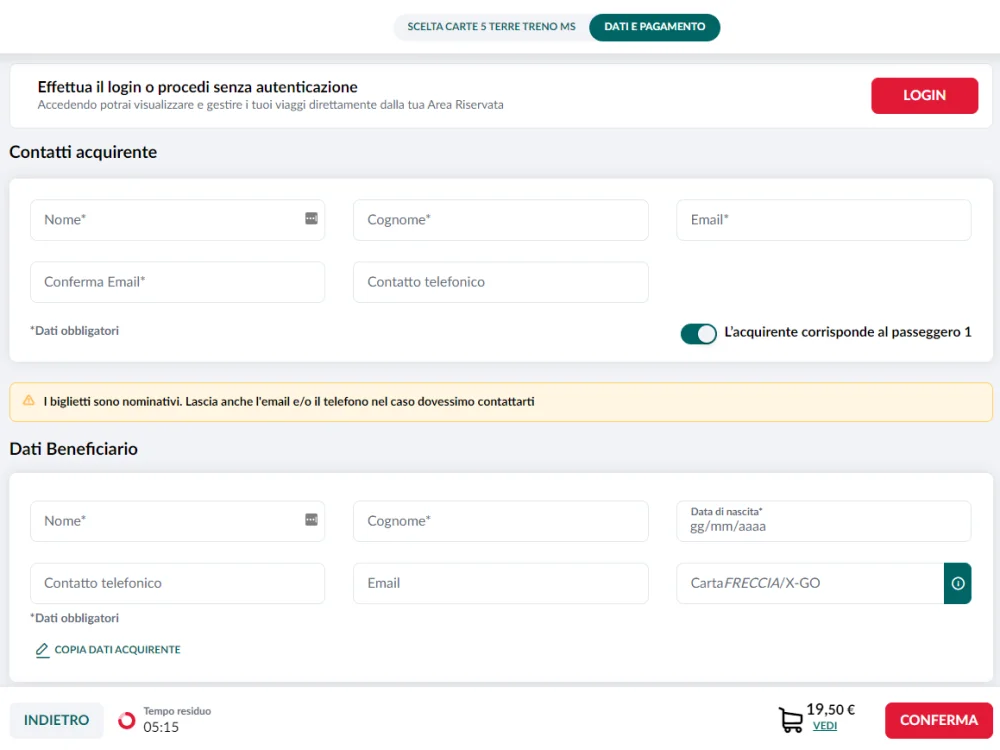 Modulo di informazione per i passeggeri della carta Cinque Terre
