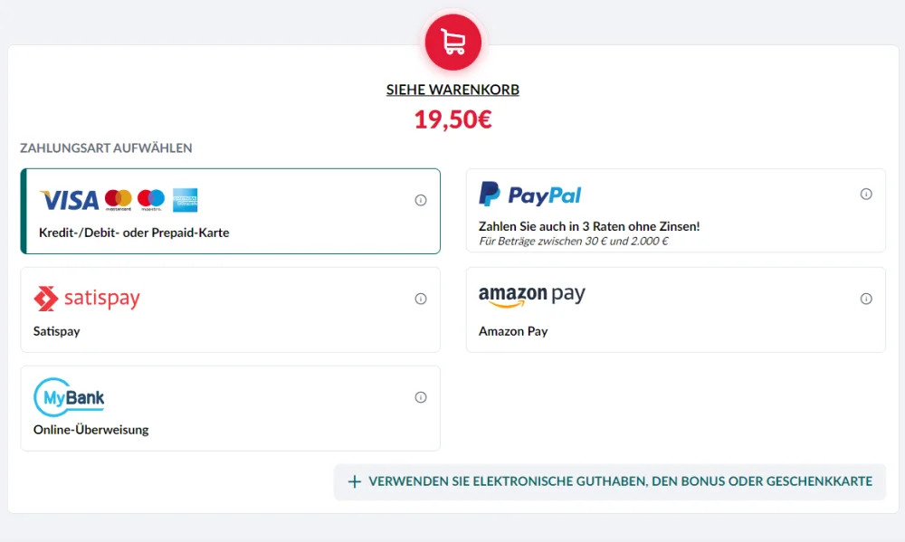 Cinque Terre Kartenzahlungsmöglichkeiten - VISA, Amazon Pay, Paypal, Satispay und MyBank