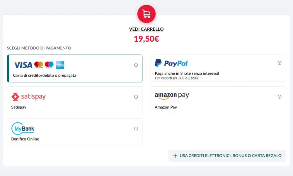 Opciones de pago con tarjeta Cinque Terre - VISA, Amazon Pay, Paypal, Satispay y MyBank