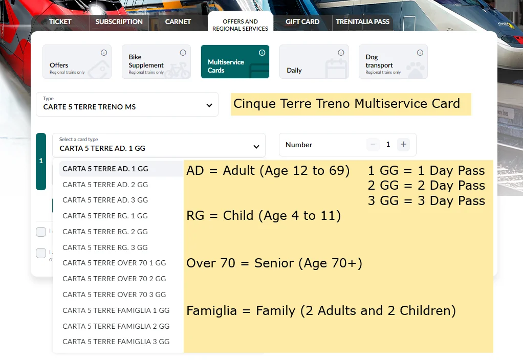 Cinque Terre Card - Ticket Types Explained GG = day pass, AD = adult (12-69), RG = child (4-11)