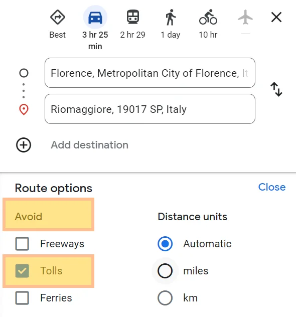 Google settings to avoid toll roads