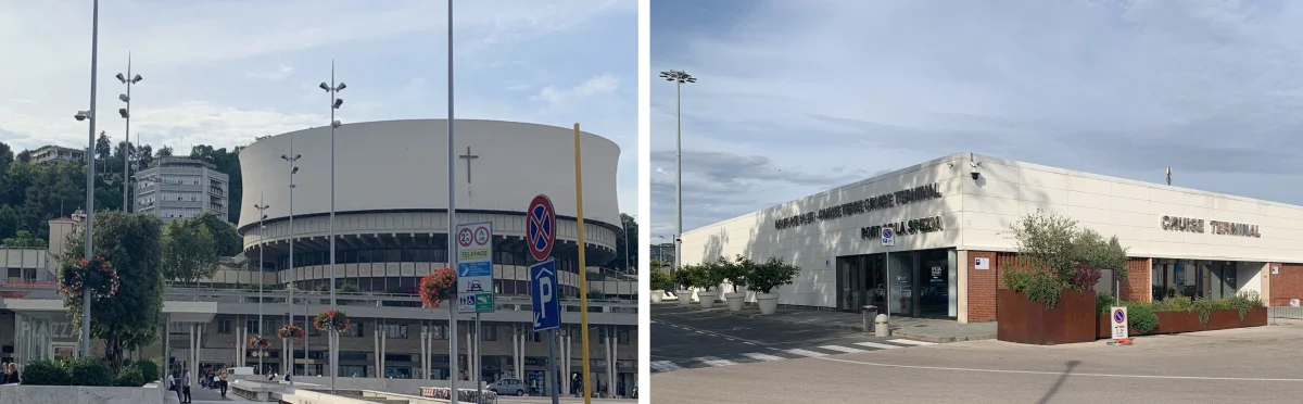 Cruise terminal in La Spezia opposite city cathedral